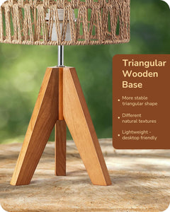 Small Table Lamp, Rattan Wood Tripod Bedside Lamp, Boho Nightstand Lamp for Living Room, End Table, Office, E26 Base, Natural Style
