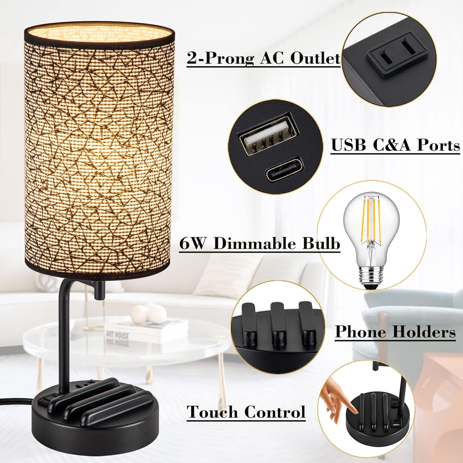 Touch Control USB Table Lamp, Upgraded 3-Way Dimmable Nightstand Desk Lamp with USB C & a Charging Ports and AC Outlet, Bedside Lamp for Bedroom Dimmable 9W LED Bulb Included