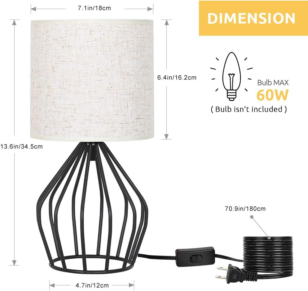 Black Modern Table Lamp - Minimalist Small Bedside Lamp with Hollowed Out Base Linen Fabric Shade, Vintage Nightstand Lamp for Bedroom Living Room Side Table Desk Kids Room