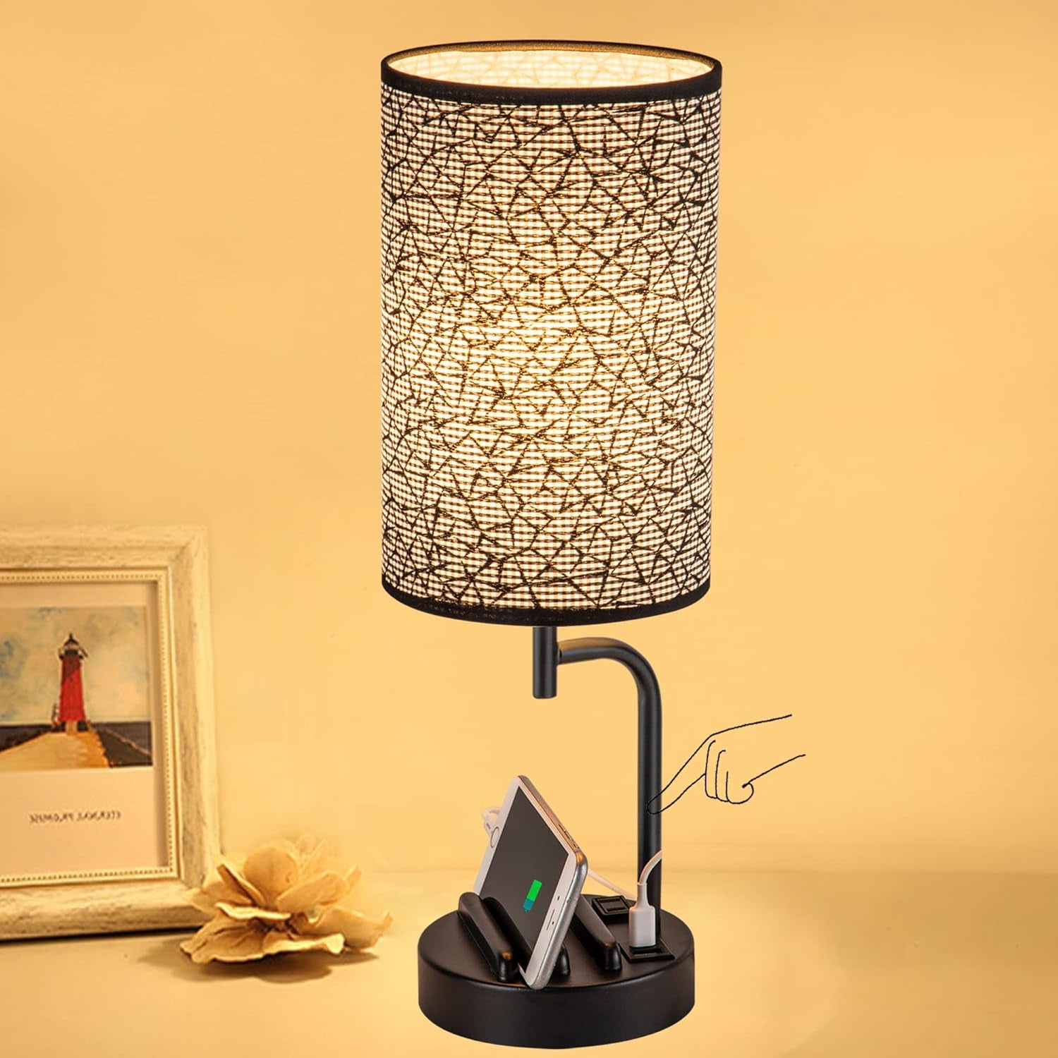 Touch Control USB Table Lamp, Upgraded 3-Way Dimmable Nightstand Desk Lamp with USB C & a Charging Ports and AC Outlet, Bedside Lamp for Bedroom Dimmable 9W LED Bulb Included
