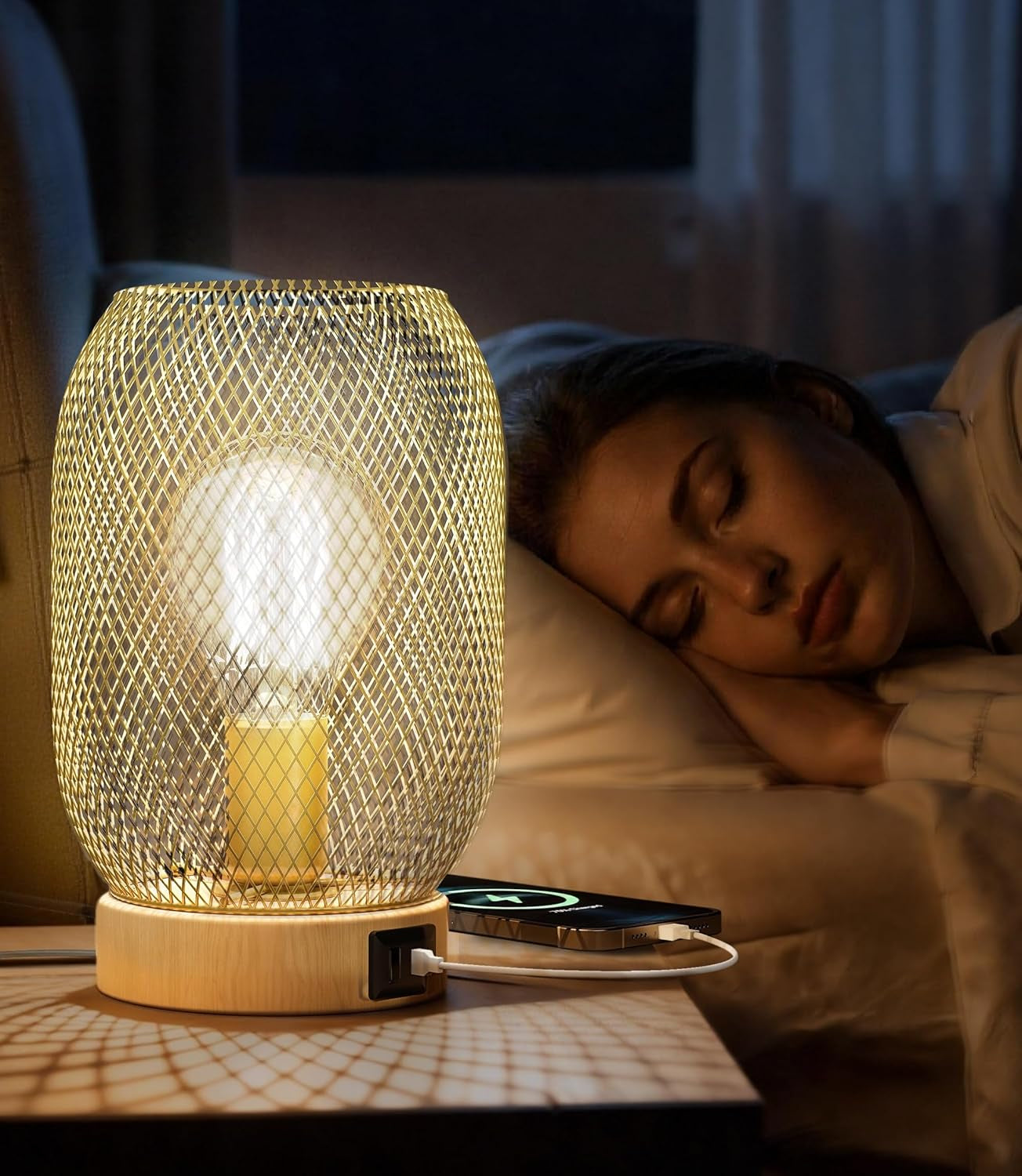 Retro Iron Mesh Table Lamp,Bedside Lamp with Touch Control 3-Color Lighting,Desk Lamp for Wood Grain Base with Dual Usb/Type-C Charging Ports,Lamp for Bedroom, Dining Table, Kitchen,Nightstand Decor