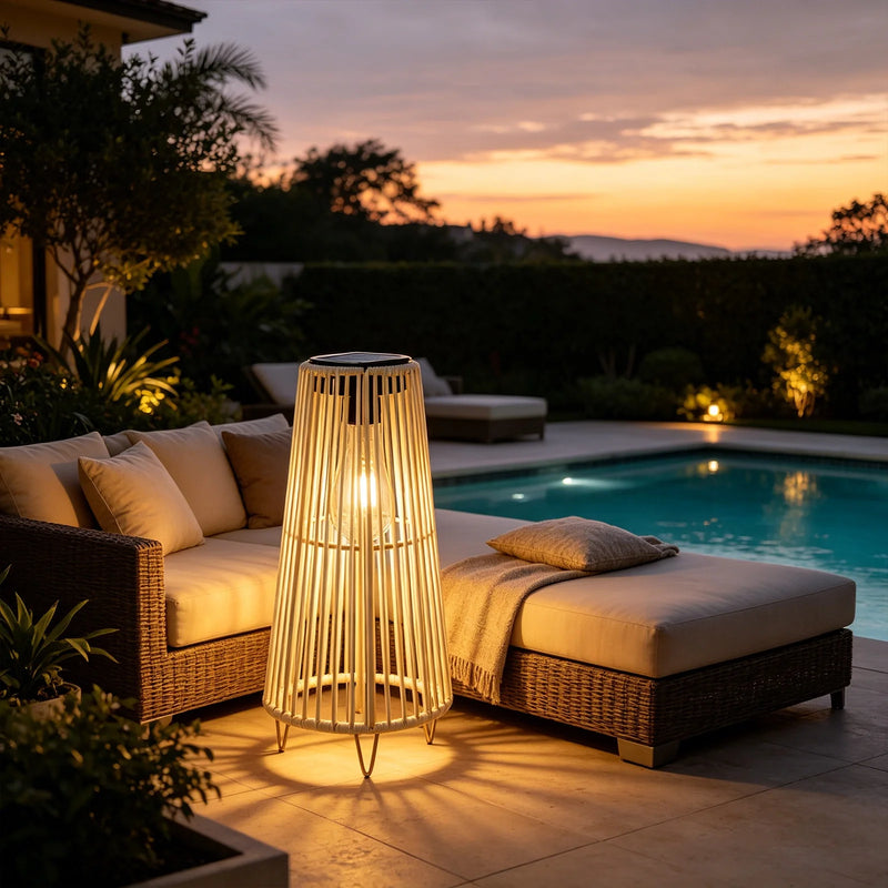Solar Powered Outdoor Waterproof Rattan Floor Lamp, Wicker Weave Standing Light for Patio Garden, LED Ambient Lighting for Deck, Backyard, Porch