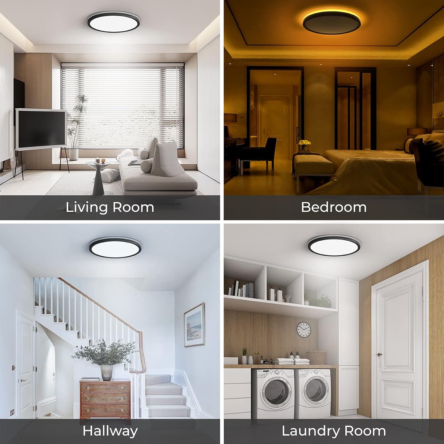 12 Inch LED Flush Mount Ceiling Light with Night Light, 2400LM Dimmable, 3000K/4000K/5000K Selectable, round Ultra-Thin Black Ceiling Light Fixture for Bedroom, Kitchen, Hallway, Closet