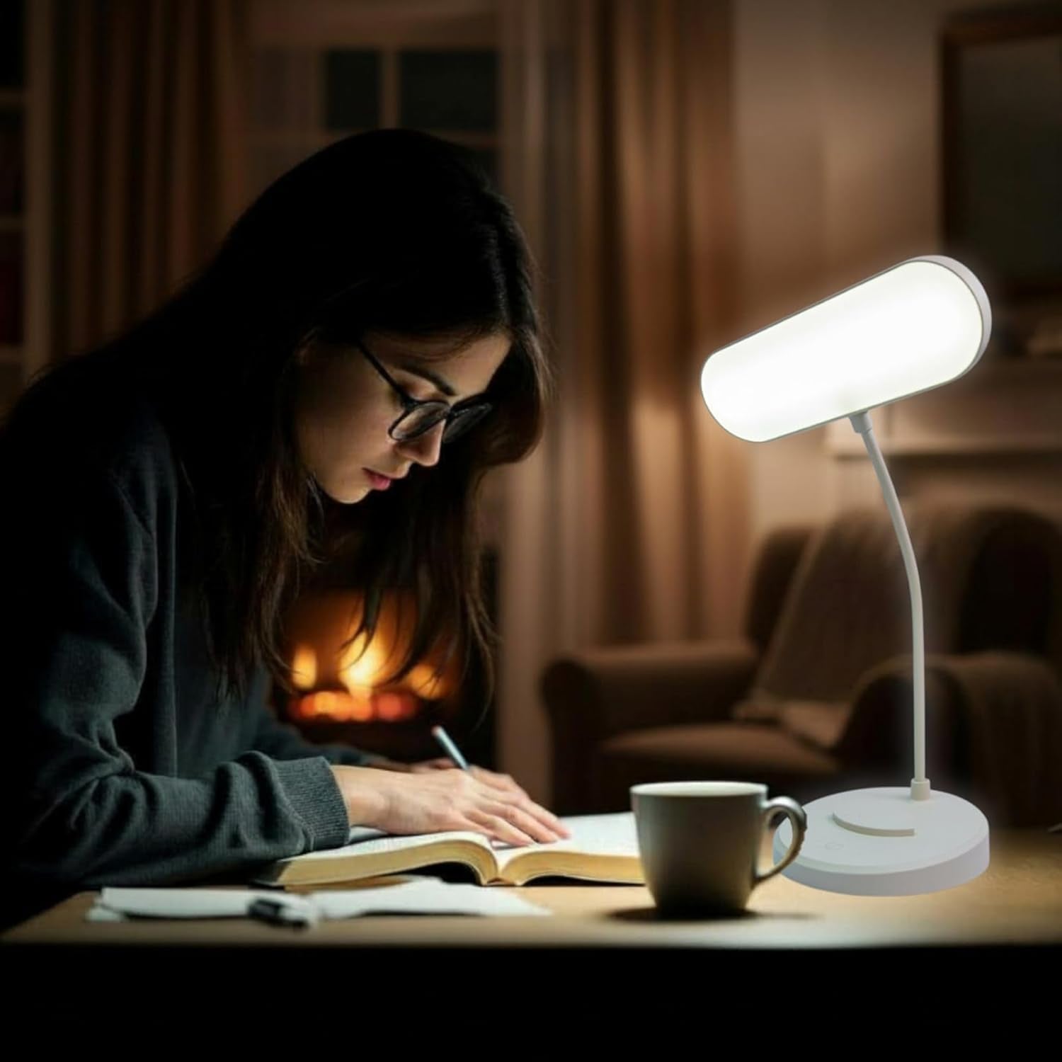 Desk Lamp, Eye-Caring LED for Students, Touch Dimmable, 3 Color Modes, USB-C Rechargeable, Flexible Gooseneck with Phone Holder, Study & Reading Lamp for Dorm/Office/Home