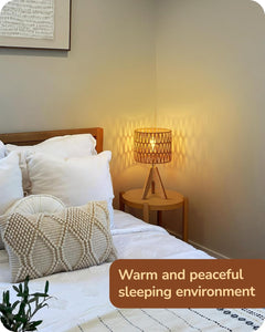 Small Table Lamp, Rattan Wood Tripod Bedside Lamp, Boho Nightstand Lamp for Living Room, End Table, Office, E26 Base, Natural Style