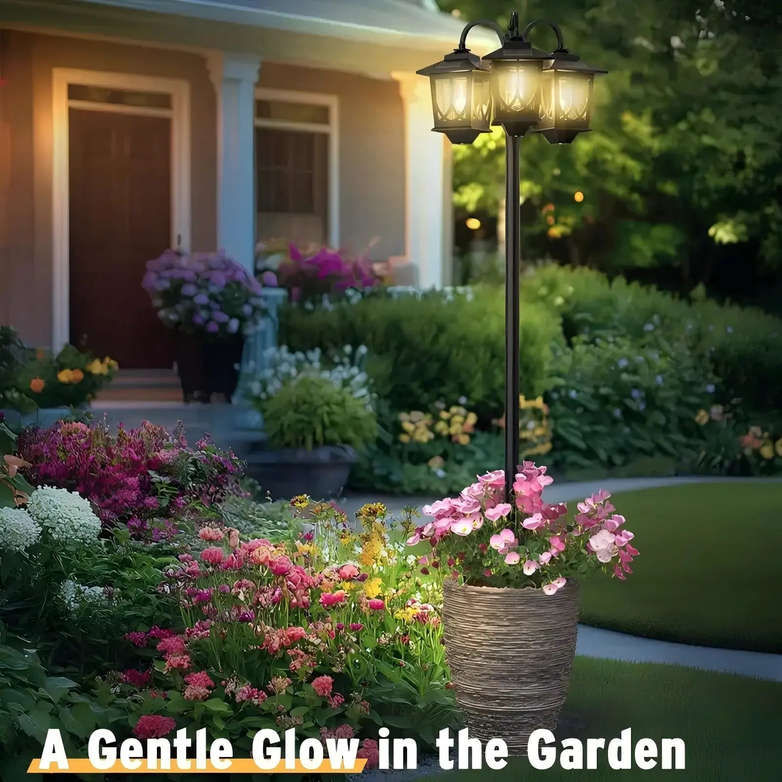 Hoodink Solar Lamp Post, Solarlights with 3-Head, Outdoorlighting, Waterproof Outdoor Lamp Post Lights, Solar Outdoor Lights for Lawn, Pathway, Yard, Front/ Back Door, 60 Lumens,Decoration
