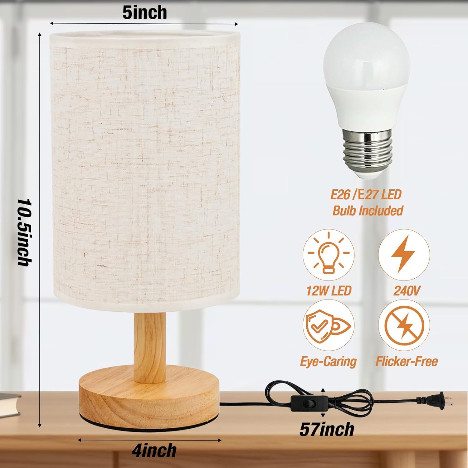 Desk Lamp LED Bulb Included, Small Bedside Table Lamp Plug-In - Classic Wood Base with Flaxen Fabric Shade, Lamps for Night Stands, Simple Nightstand Light for Bedroom, Office, Desk