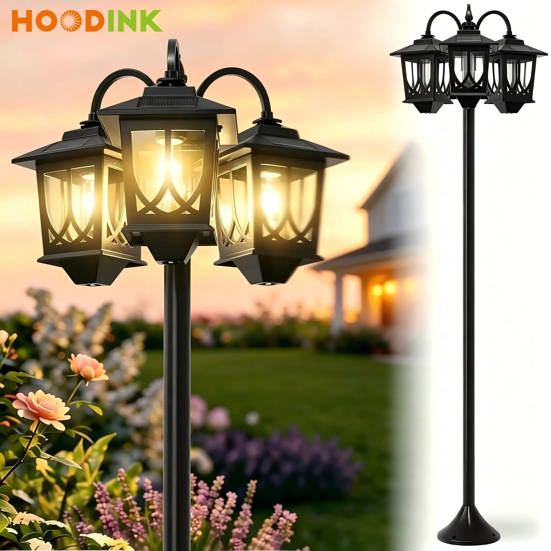 Hoodink Solar Lamp Post, Solarlights with 3-Head, Outdoorlighting, Waterproof Outdoor Lamp Post Lights, Solar Outdoor Lights for Lawn, Pathway, Yard, Front/ Back Door, 60 Lumens,Decoration