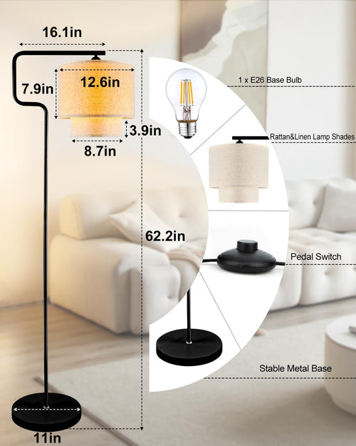 62IN Floor Lamps for Living Room, Modern Standing Tall Lamps with Double Linen Shades, 3000K Arc Bohemian Floor Lamp with Foot Switch for Wedding/Party, Bedroom, Home Office-Black