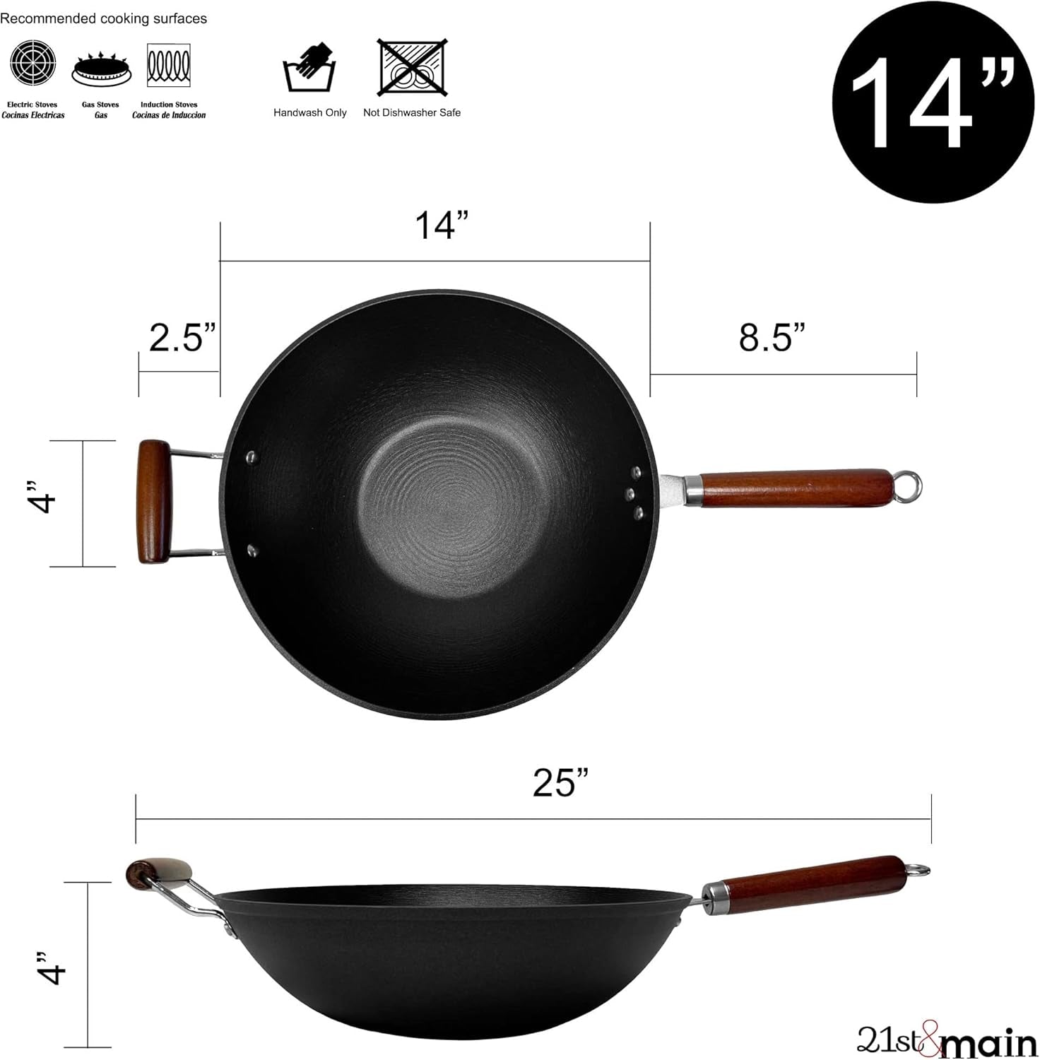 Light Weight Cast Iron Wok, Stir Fry Pan, Wooden Handle, 14 Inch, Chef’S Pan, Pre-Seasoned Nonstick, Commercial and Household, for Chinese Japanese and Others Cooking