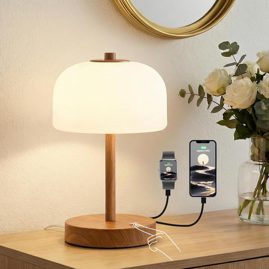 9.5" Corded Touch Control Table Lamp with USB A+C Charging Ports, Wood Grain Dimmable LED Bedside Lamp with 3 Color Temperatures, Small Modern Table Lamps for Bedroom Nightstand Living Room