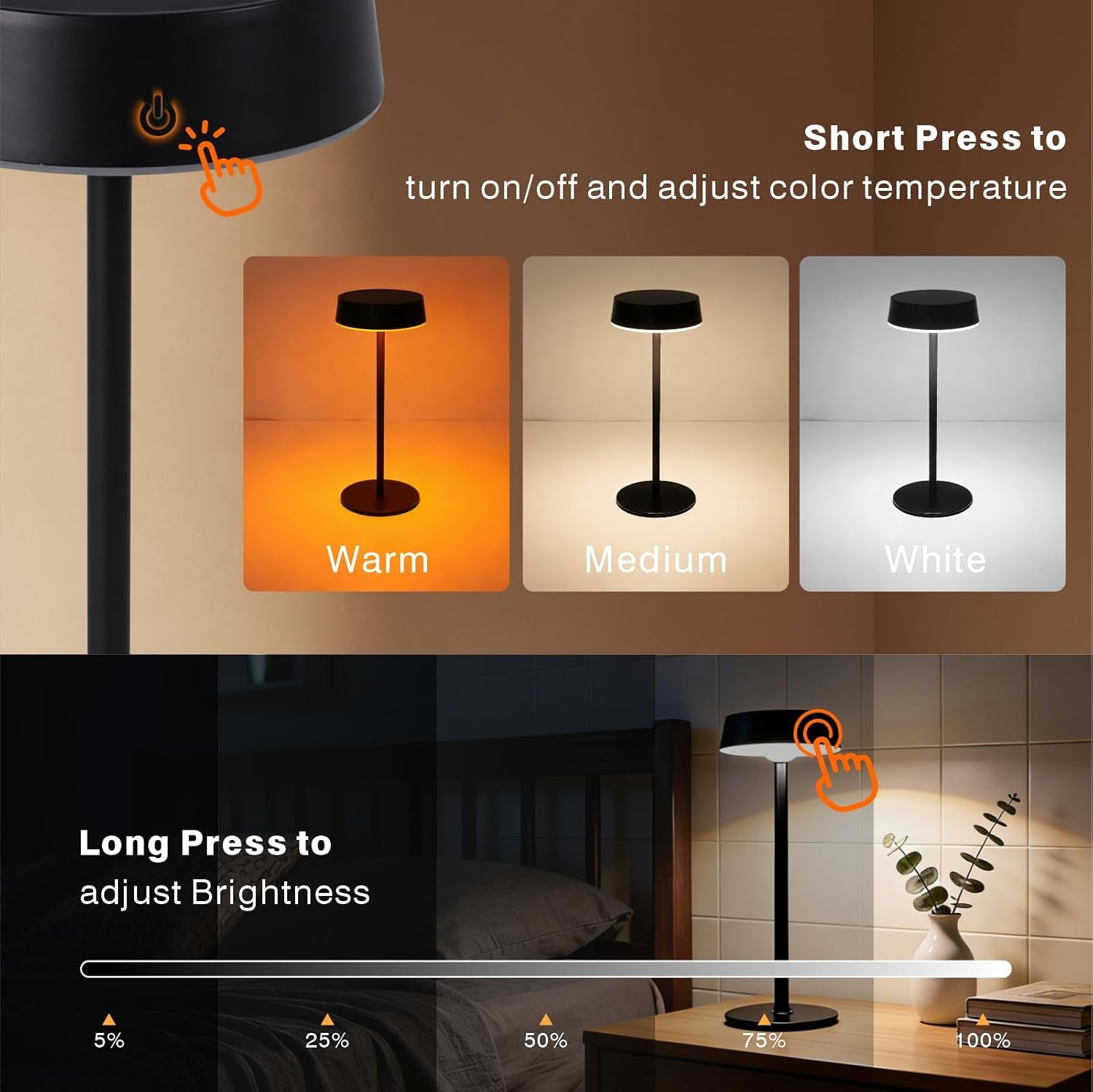 Solar Outdoor Table Lamp Waterproof, Cordless Rechargeable Solar Lamp for Patio, 3 Color Dimmable Solar Light for Garden, Camping & Balcony, Black