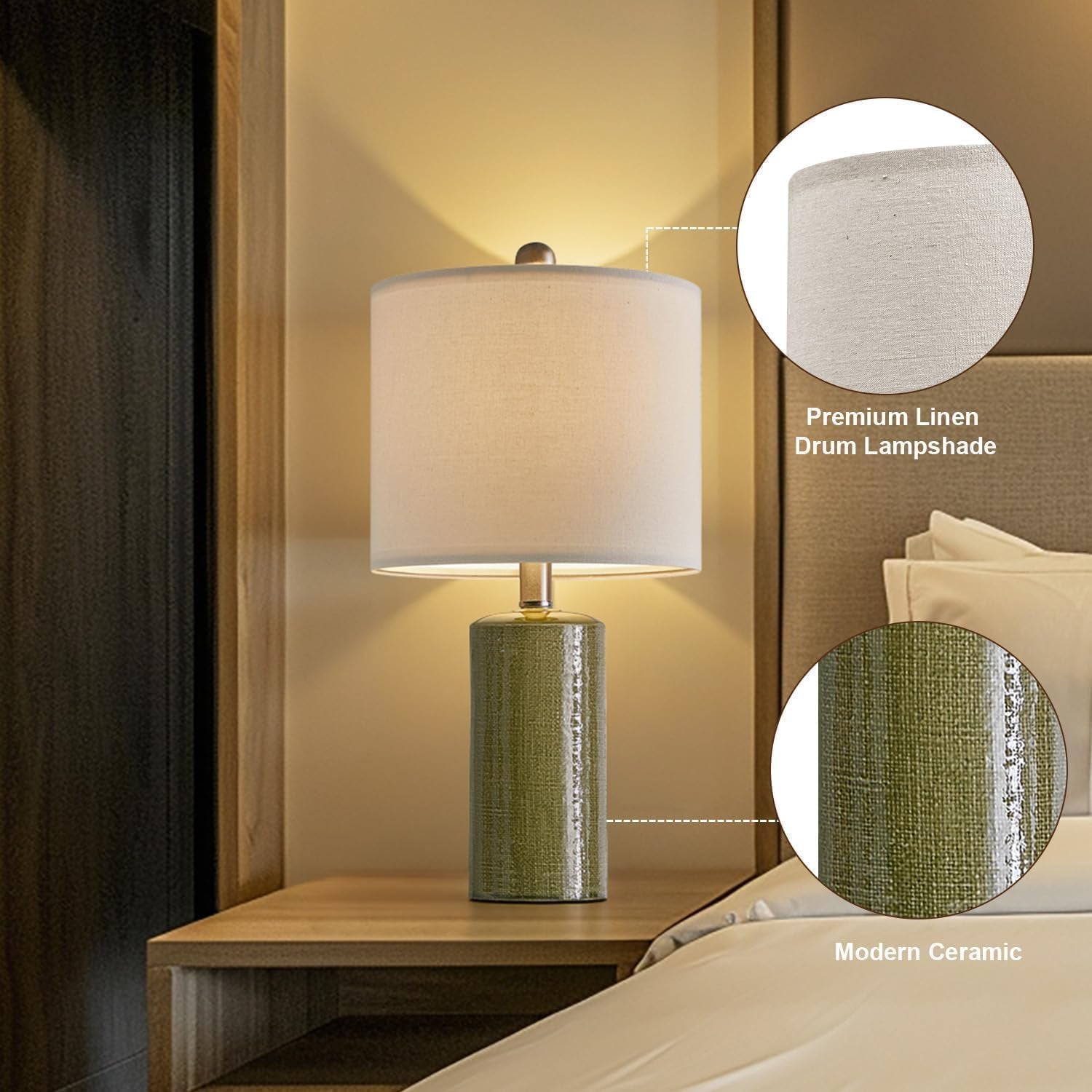 20.25" Small Table Lamps Set of 2 Modern Ceramic Lamps for Living Room Farmhouse Bedside Lamps Boho Lamps for Night Stands Green Bedroom Lamps Side Table Lamps End Table Lamps