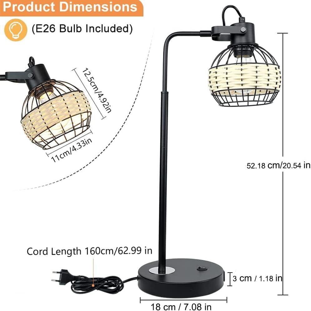 DLLT Industrial Black Table Lamp, 2 USB Ports Adjustable Head Desk Lamp, Modern Metal Nightstand Lamp with Rattan Shade, USB Bedside Lamps for Living Room Bedroom Office, E26 Bulb Included