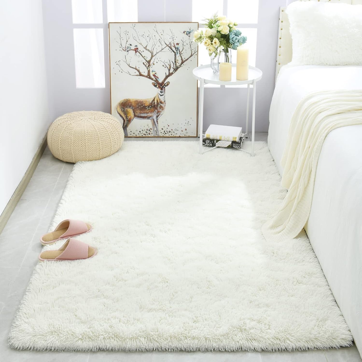 Modern Soft Fluffy Large Shaggy Rug for Bedroom Livingroom Dorm Kids Room Indoor Home Decorative, Non-Slip Plush Furry Fur Area Rugs Comfy Nursery Accent Floor Carpet 4'X6' Ivory
