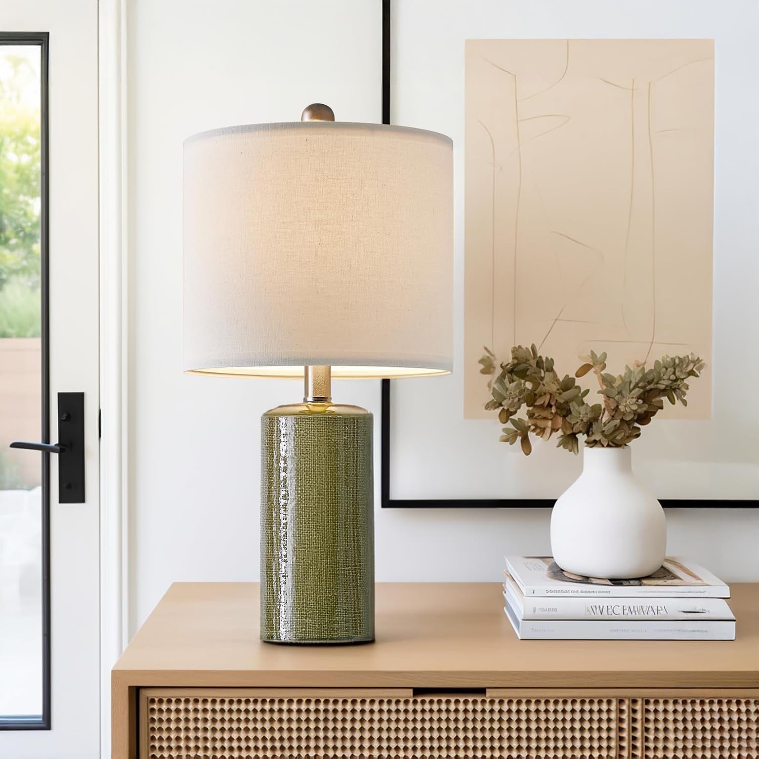 20.25" Small Table Lamps Set of 2 Modern Ceramic Lamps for Living Room Farmhouse Bedside Lamps Boho Lamps for Night Stands Green Bedroom Lamps Side Table Lamps End Table Lamps