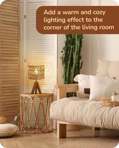 Small Table Lamp, Rattan Wood Tripod Bedside Lamp, Boho Nightstand Lamp for Living Room, End Table, Office, E26 Base, Natural Style