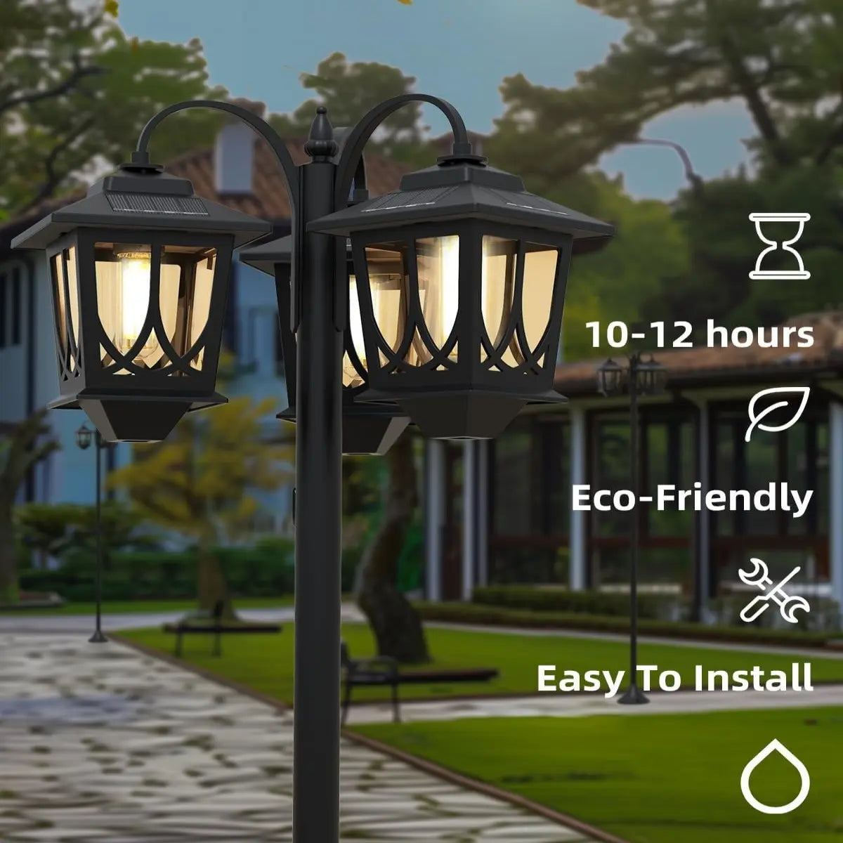 Hoodink Solar Lamp Post, Solarlights with 3-Head, Outdoorlighting, Waterproof Outdoor Lamp Post Lights, Solar Outdoor Lights for Lawn, Pathway, Yard, Front/ Back Door, 60 Lumens,Decoration