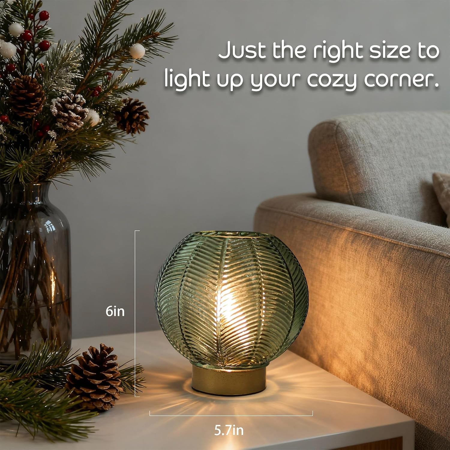 Battery Operated Lamp with Timer, Decorative Green Glass Table Lamp Cordless, Small Ambient Lamp for Bedside Bedroom Living Room Decor -Green
