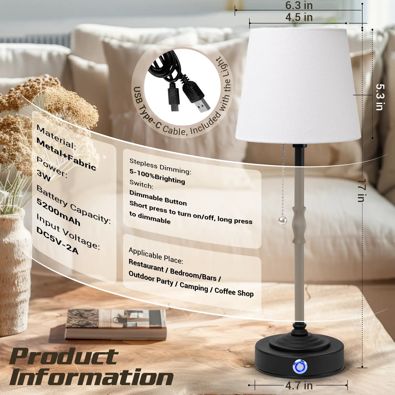 Cordless LED Table Lamp with Dimmer, Built-In Rechargeable Battery, 3-Level Brightness, Patio Table Lamp, Bedside Night Lamp, Ambient Light for Restaurant, Antique Brass