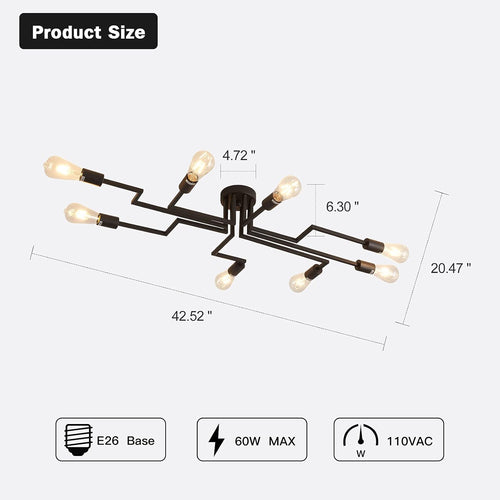 black 8-Light Ceiling Light, Modern Semi Flush Mount Ceiling Light Fixture,Metal Chandelier for Farmhouse Dining Room Living Room Bedroom Kitchen.
