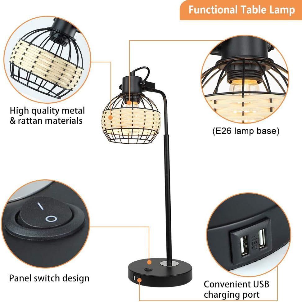 DLLT Industrial Black Table Lamp, 2 USB Ports Adjustable Head Desk Lamp, Modern Metal Nightstand Lamp with Rattan Shade, USB Bedside Lamps for Living Room Bedroom Office, E26 Bulb Included