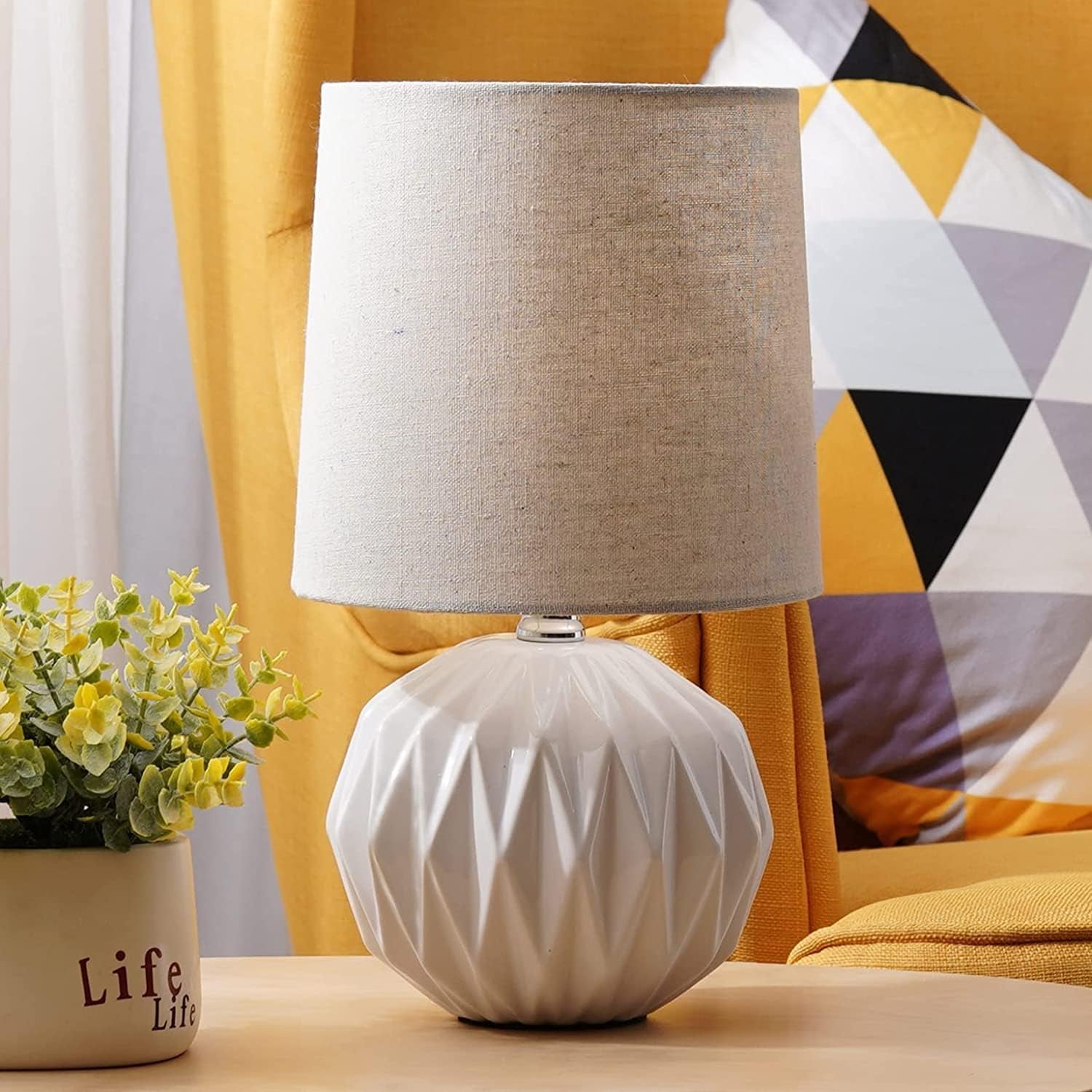 White Ceramic Table Lamp, Geometric Textured Small Bedside Lamp with Linen Shade, Mid Century Modern Nightstand Lamp for Bedroom Living Room Reading Room, H 12" X W 6.7", 7W LED Bulb Included