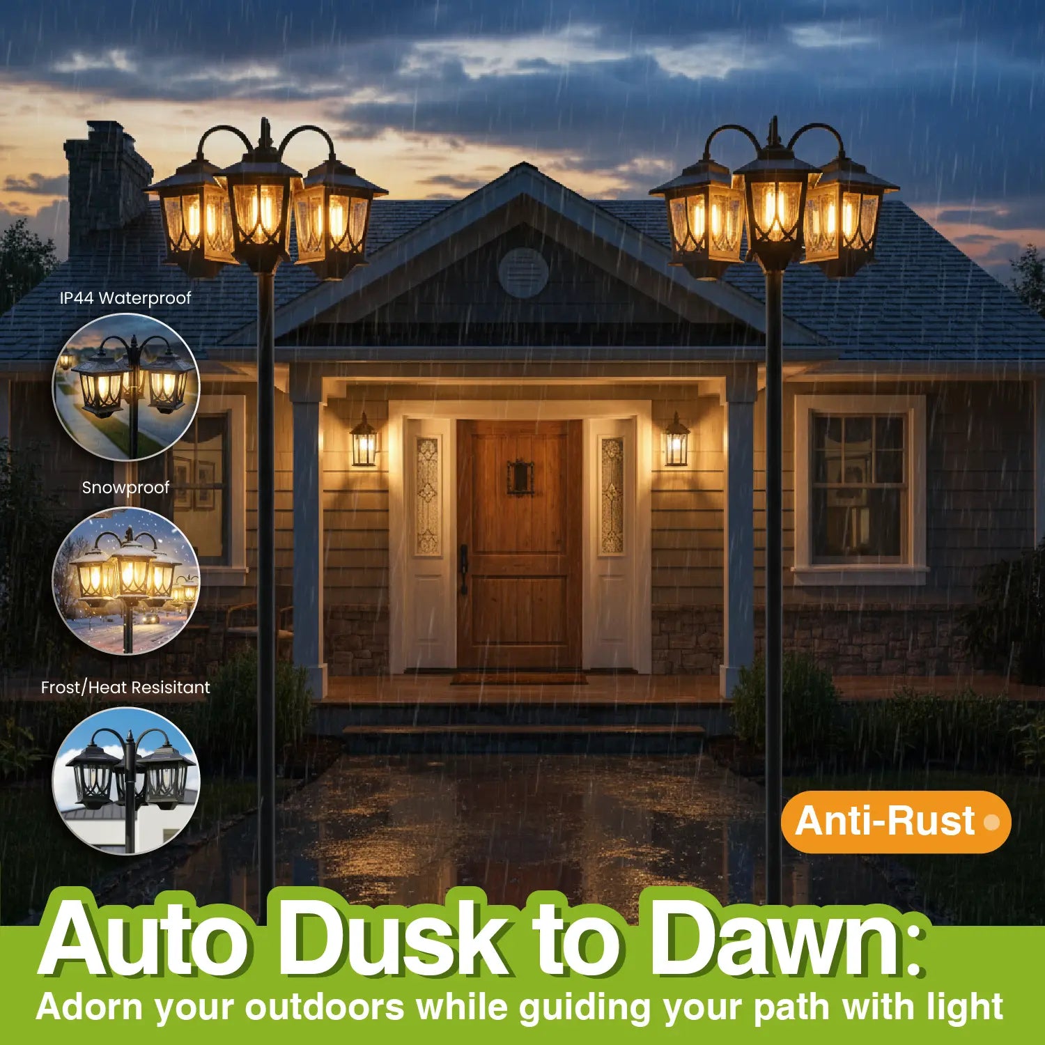 Hoodink Solar Lamp Post, Solarlights with 3-Head, Outdoorlighting, Waterproof Outdoor Lamp Post Lights, Solar Outdoor Lights for Lawn, Pathway, Yard, Front/ Back Door, 60 Lumens,Decoration