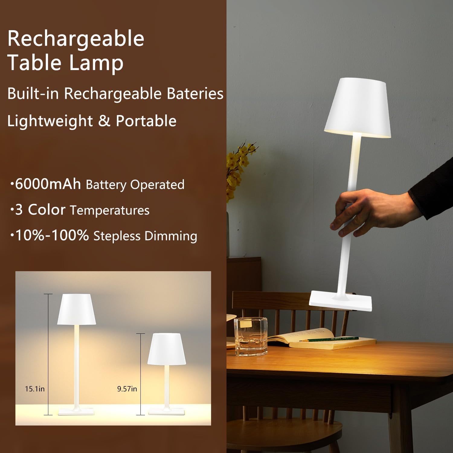 White Cordless Table Lamp Set of 2 for Patio Restaurant Home Dinner Kitchen