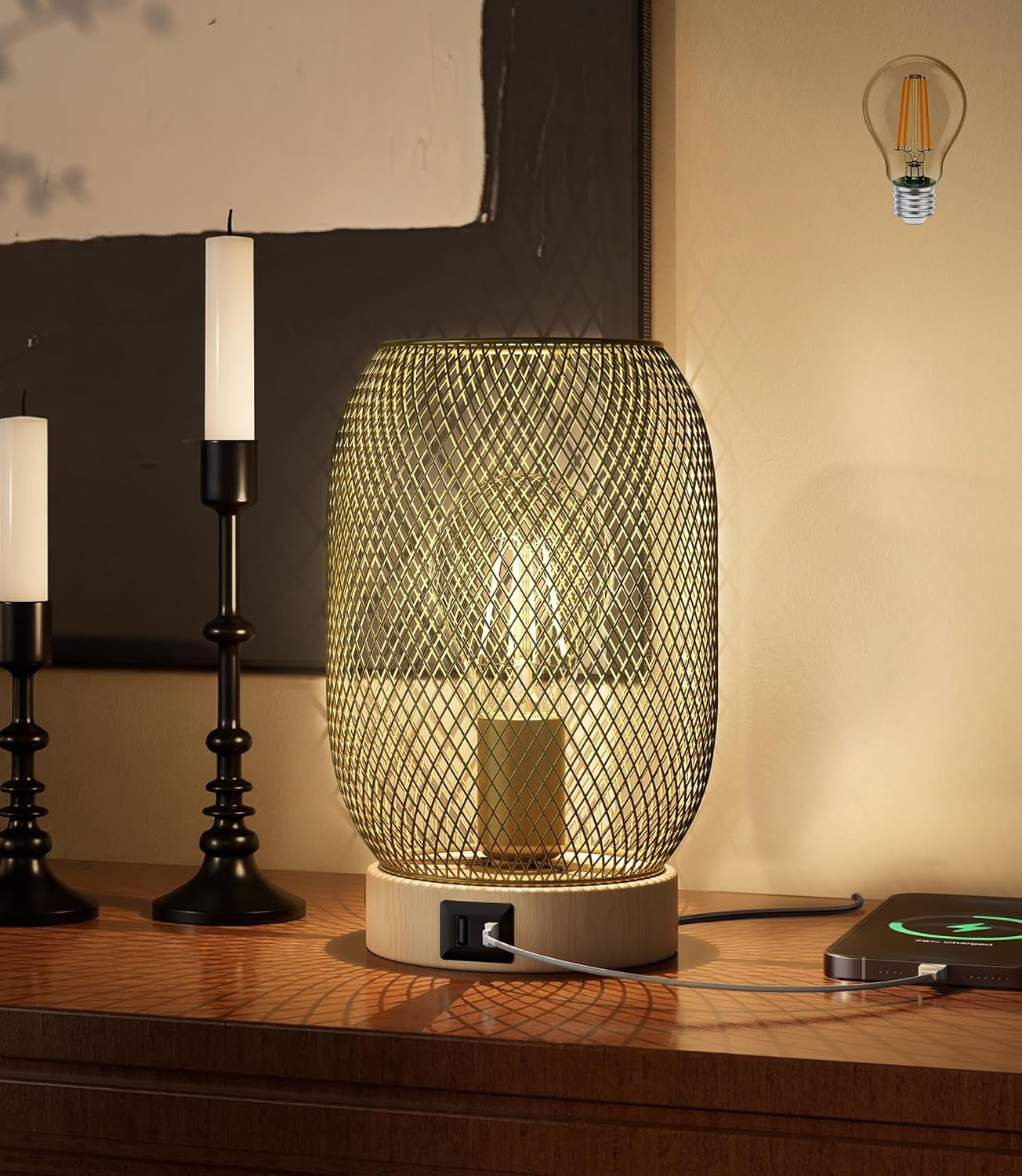 Retro Iron Mesh Table Lamp,Bedside Lamp with Touch Control 3-Color Lighting,Desk Lamp for Wood Grain Base with Dual Usb/Type-C Charging Ports,Lamp for Bedroom, Dining Table, Kitchen,Nightstand Decor
