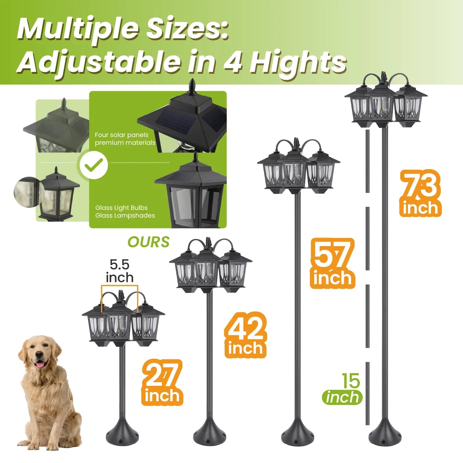 Hoodink Solar Lamp Post, Solarlights with 3-Head, Outdoorlighting, Waterproof Outdoor Lamp Post Lights, Solar Outdoor Lights for Lawn, Pathway, Yard, Front/ Back Door, 60 Lumens,Decoration