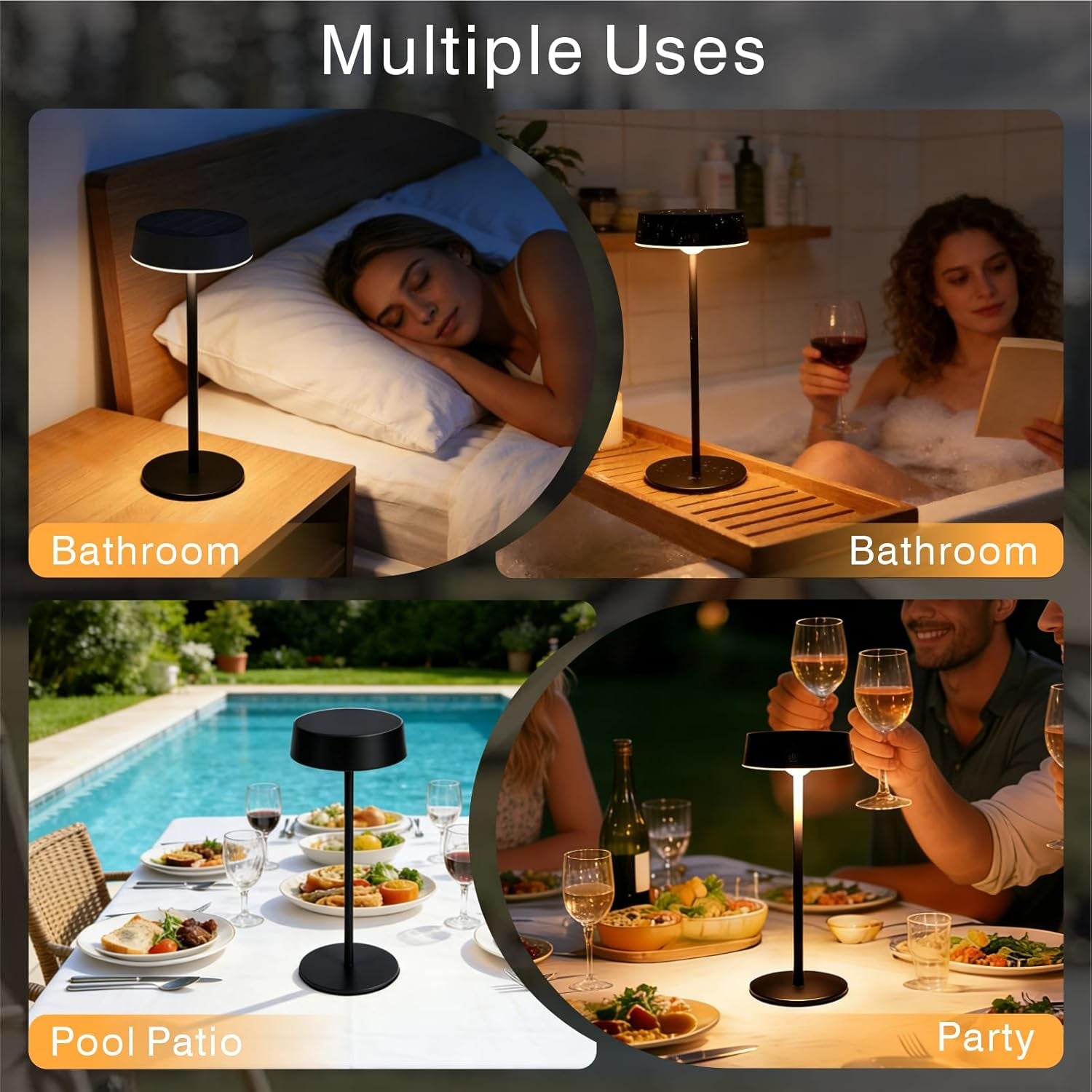 Solar Outdoor Table Lamp Waterproof, Cordless Rechargeable Solar Lamp for Patio, 3 Color Dimmable Solar Light for Garden, Camping & Balcony, Black