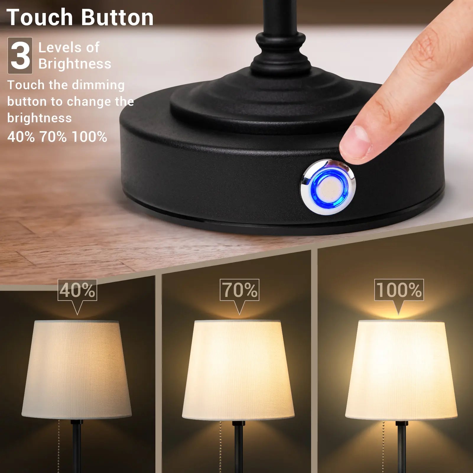 Cordless LED Table Lamp with Dimmer, Built-In Rechargeable Battery, 3-Level Brightness, Patio Table Lamp, Bedside Night Lamp, Ambient Light for Restaurant, Antique Brass