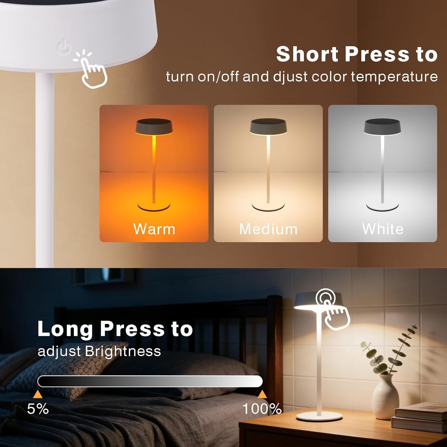 Solar Table Lamp, Rechargeable Outdoor Lamps for Patio Waterproof 3 Color Dimmable, Solar Lamp for Outdoor, Bedroom, Garden, Camping, Bathroom (White)