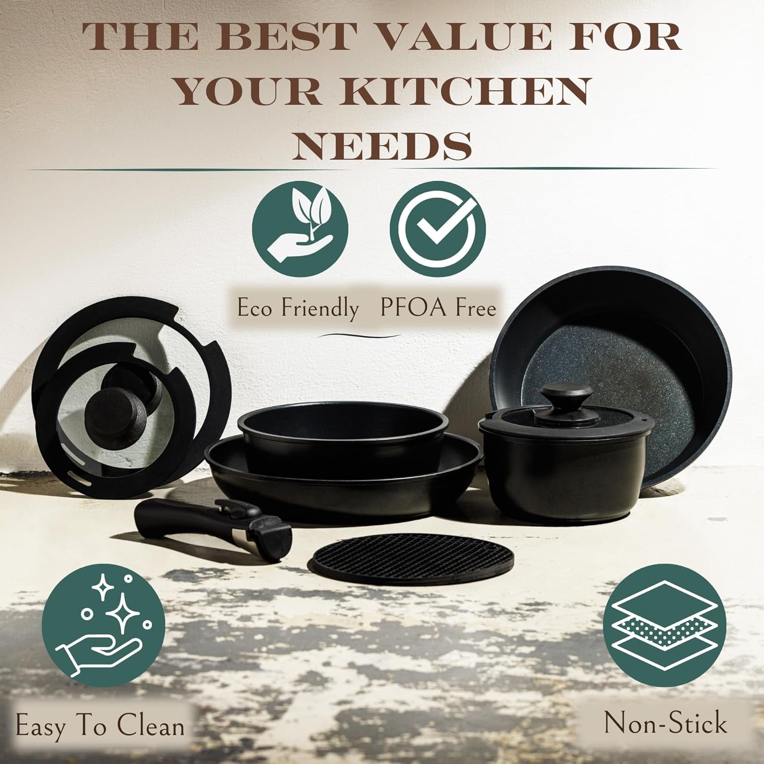 10Pcs Nonstick Cookware Pans with Removable Handles, Space Saving Pots and Pans with Removable Handles, RV Pots and Pans Set for Camping, Oven and Induction Ready