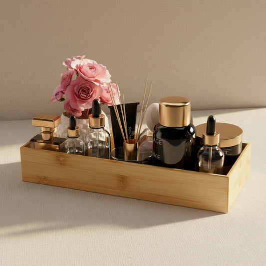 Bathroom Vanity Tray Organizer Bamboo, Small Wood Tray for Counter Kicthen Drawer, Rectangular Toilet Paper Storage Basket Box, Guest Sink Tray Decor, Bathroom Accessories 15" X 6" X 2.5"