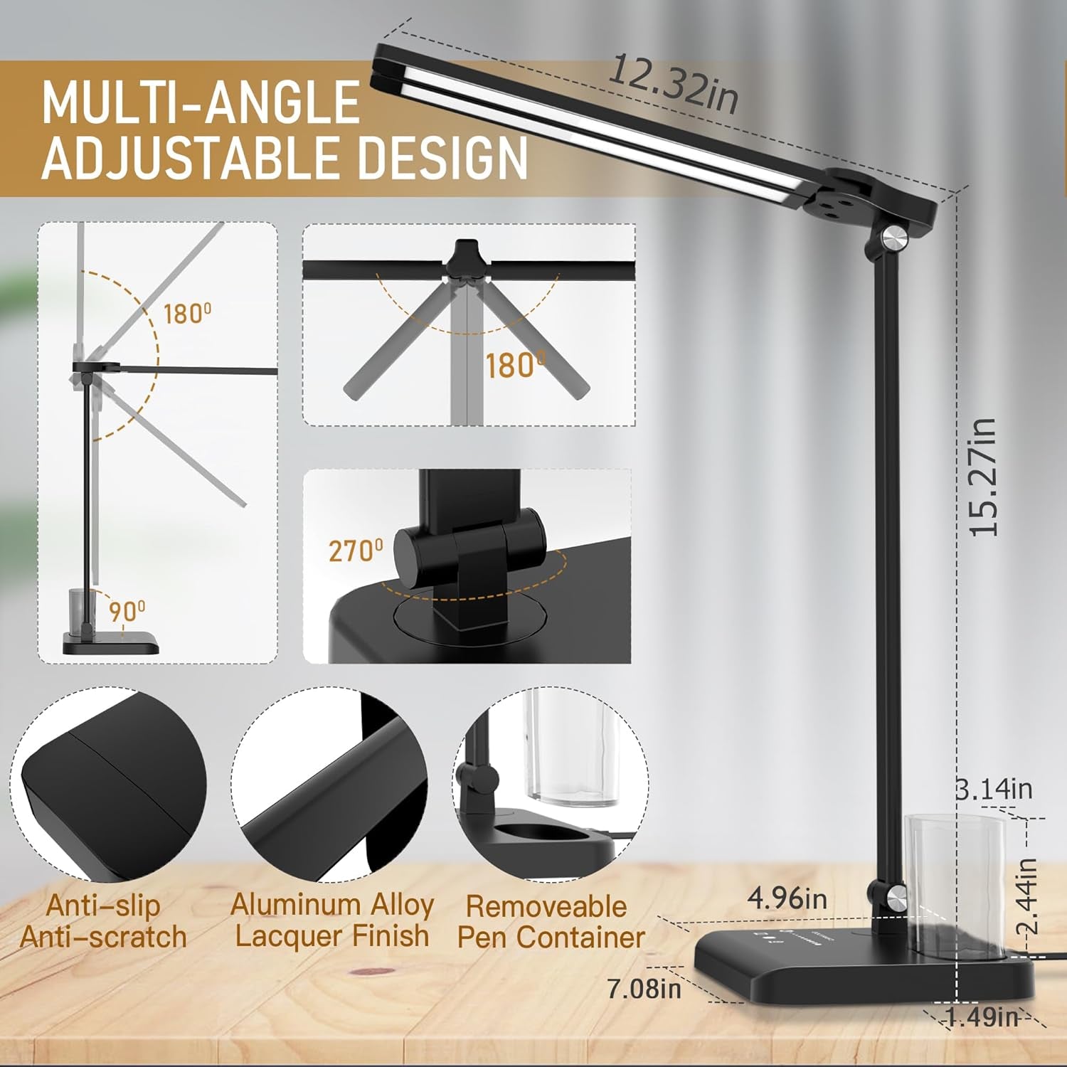 Dimmable LED Desk Lamp with USB Charging Port Bright, 50 Lighting Modes Dual Swing Arm Architect Table Lamp Light Desk Lamp for Home Office Dorm Piano Nail