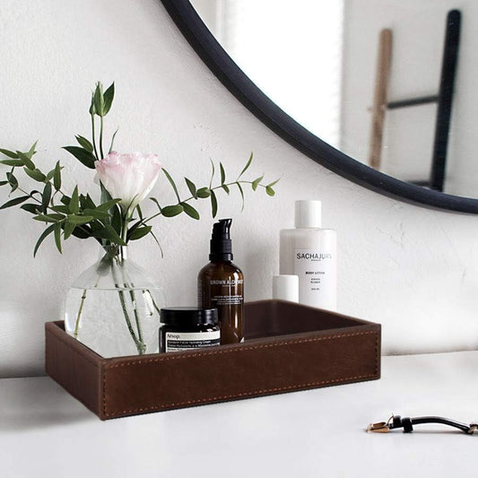 Decorative Vanity Tray, Desktop Storage Organizer, Catchall Tray, Valet Tray, Nightstand or Dresser Organizer, PU Faux Leather Bathroom Tray, Brown, 10.2 X 8.4 X 1.8 Inches