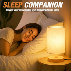 Desk Lamp LED Bulb Included, Small Bedside Table Lamp Plug-In - Classic Wood Base with Flaxen Fabric Shade, Lamps for Night Stands, Simple Nightstand Light for Bedroom, Office, Desk