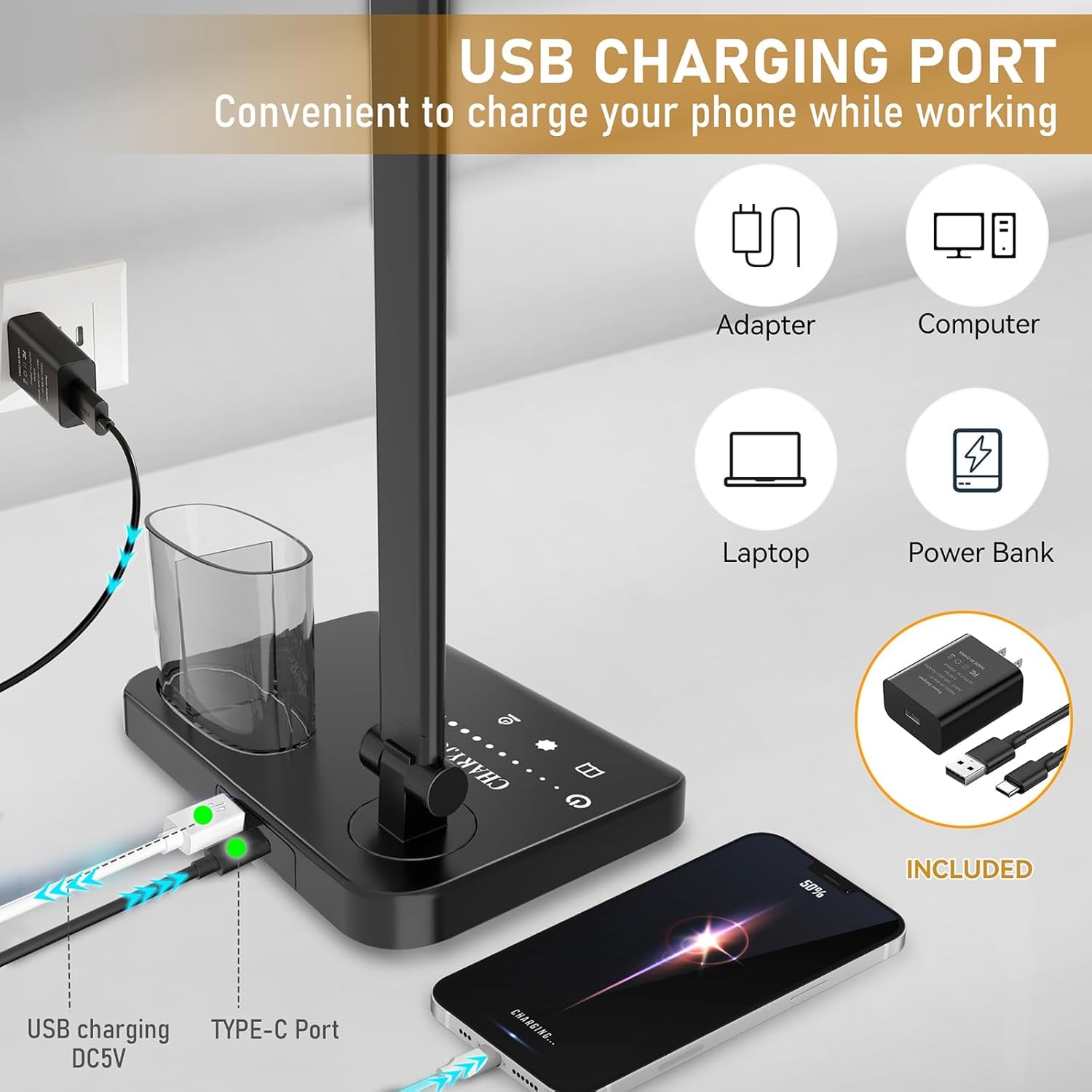Dimmable LED Desk Lamp with USB Charging Port Bright, 50 Lighting Modes Dual Swing Arm Architect Table Lamp Light Desk Lamp for Home Office Dorm Piano Nail