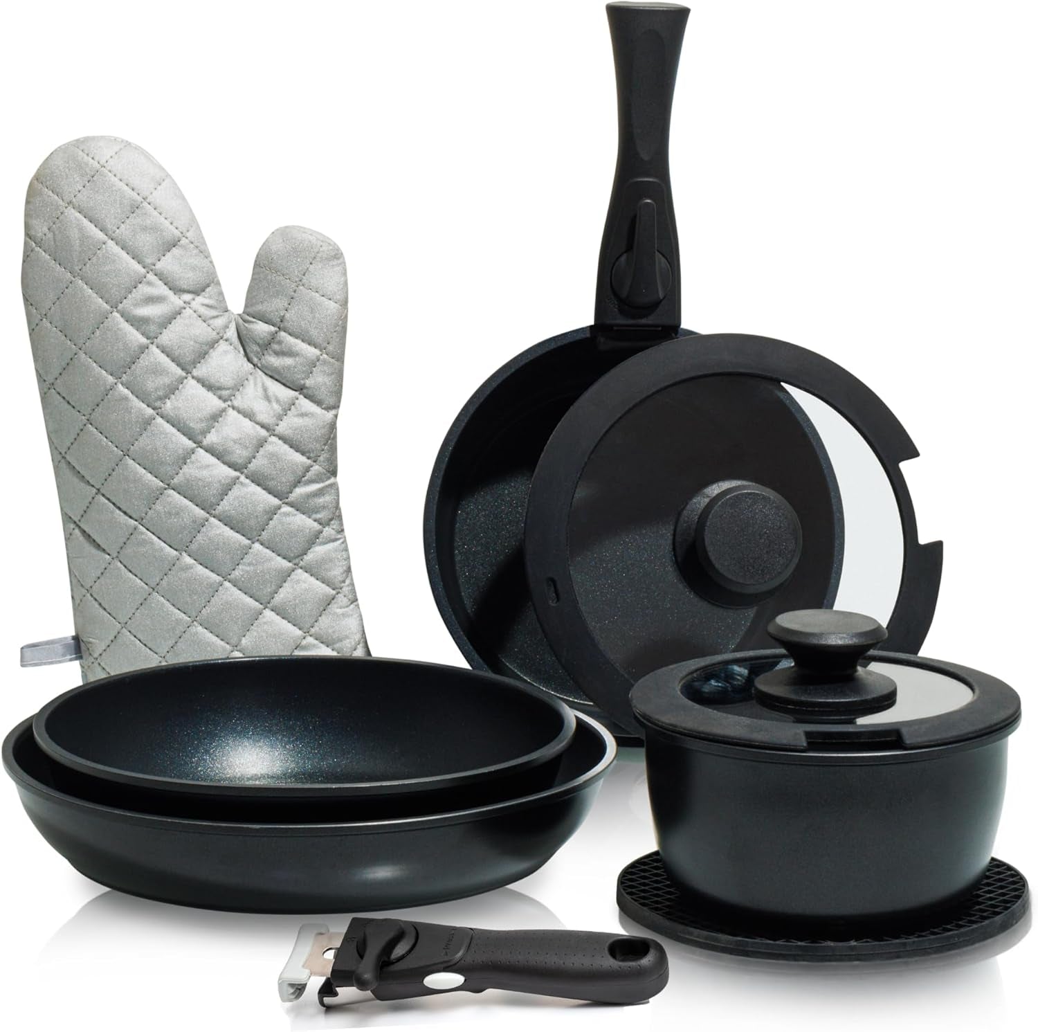 10Pcs Nonstick Cookware Pans with Removable Handles, Space Saving Pots and Pans with Removable Handles, RV Pots and Pans Set for Camping, Oven and Induction Ready