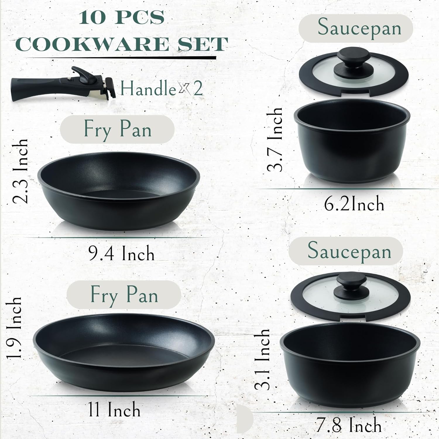 10Pcs Nonstick Cookware Pans with Removable Handles, Space Saving Pots and Pans with Removable Handles, RV Pots and Pans Set for Camping, Oven and Induction Ready