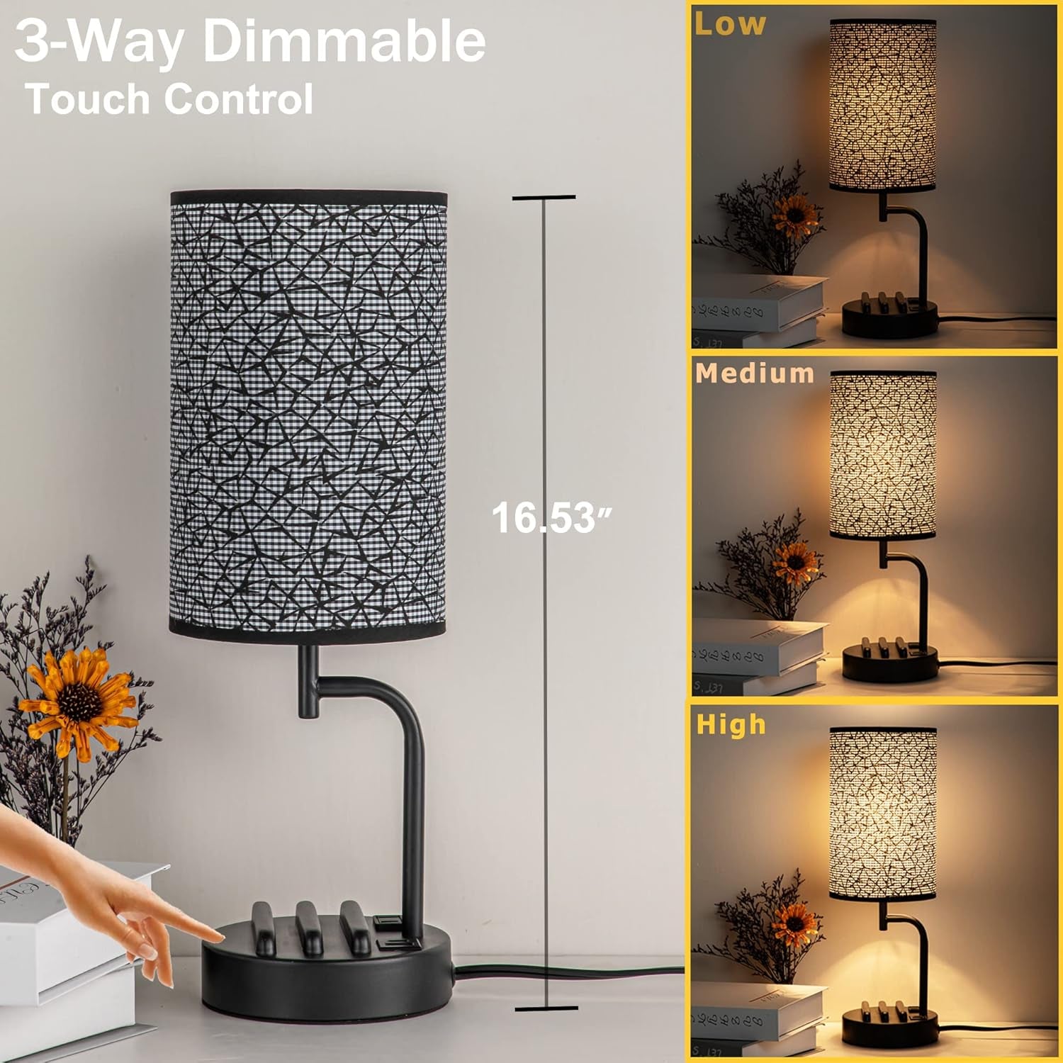 Touch Control USB Table Lamp, Upgraded 3-Way Dimmable Nightstand Desk Lamp with USB C & a Charging Ports and AC Outlet, Bedside Lamp for Bedroom Dimmable 9W LED Bulb Included