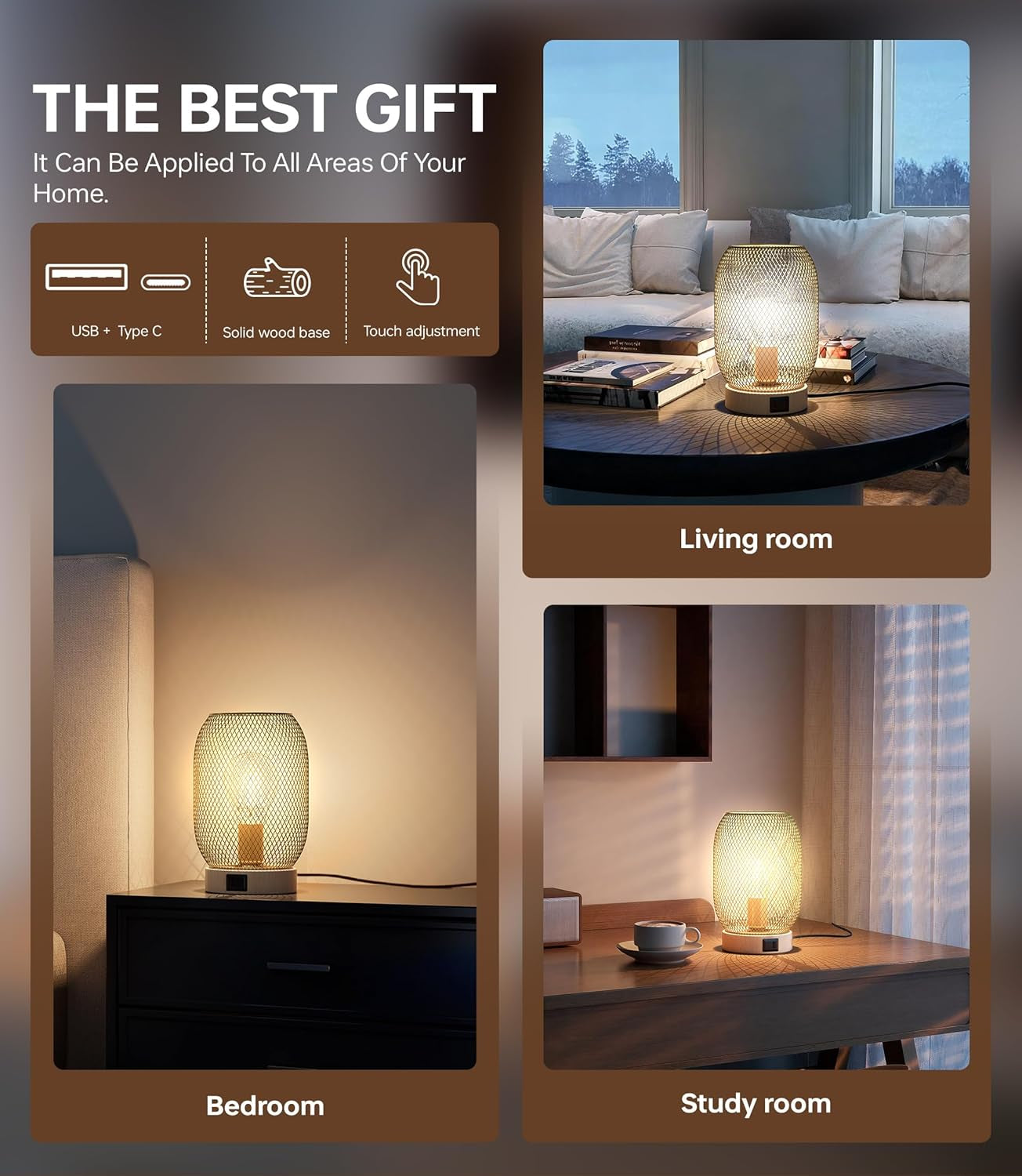 Retro Iron Mesh Table Lamp,Bedside Lamp with Touch Control 3-Color Lighting,Desk Lamp for Wood Grain Base with Dual Usb/Type-C Charging Ports,Lamp for Bedroom, Dining Table, Kitchen,Nightstand Decor