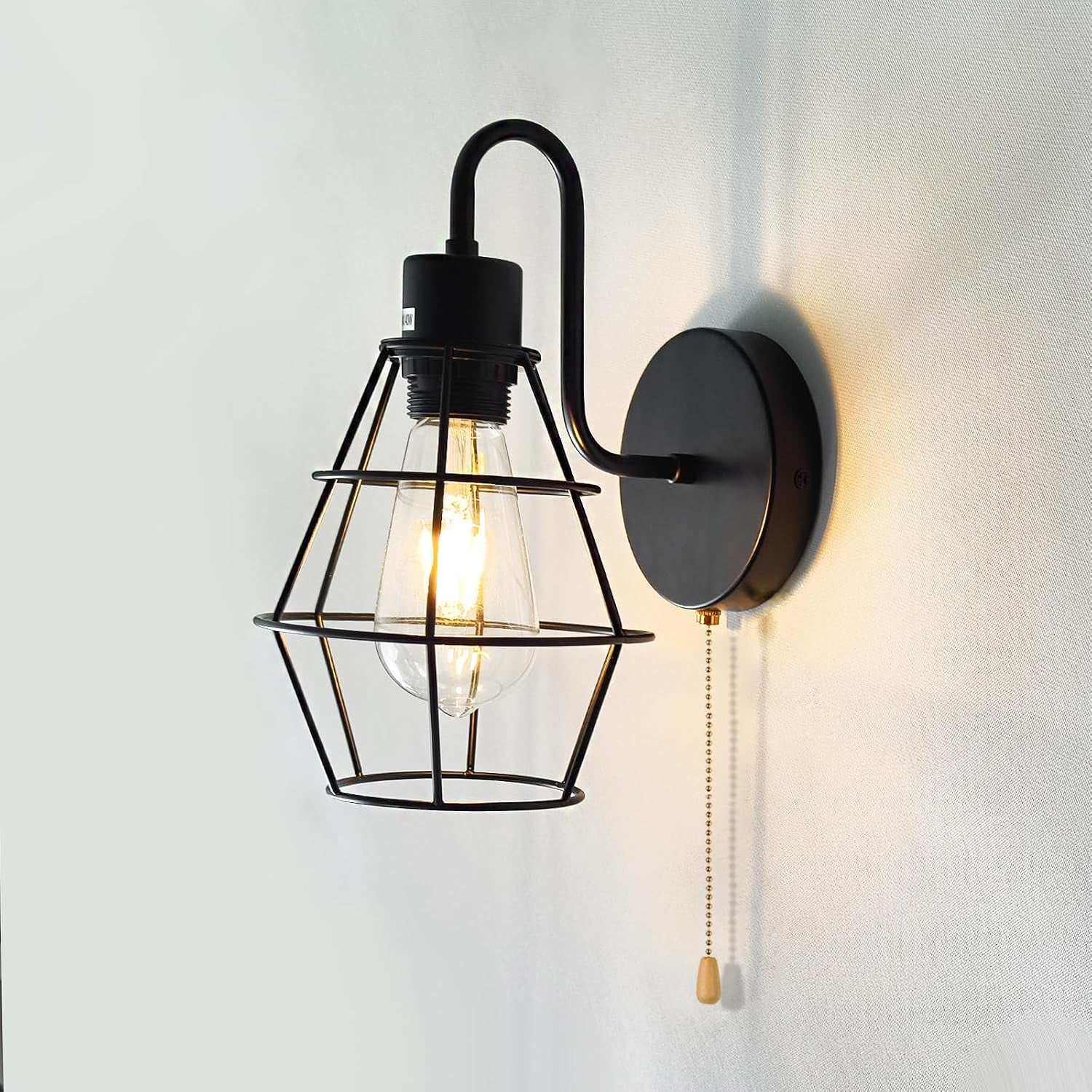 Pull Chain Wall Sconce Wire Cage Wall Light Fixtures with on off Switch E26 Hardwired Black Metal Farmhouse Vintage Wall Lighting Indoor for Bedroom Living Room Kitchen (1-Light, No Bulb)