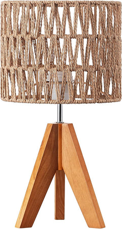 Small Table Lamp, Rattan Wood Tripod Bedside Lamp, Boho Nightstand Lamp for Living Room, End Table, Office, E26 Base, Natural Style