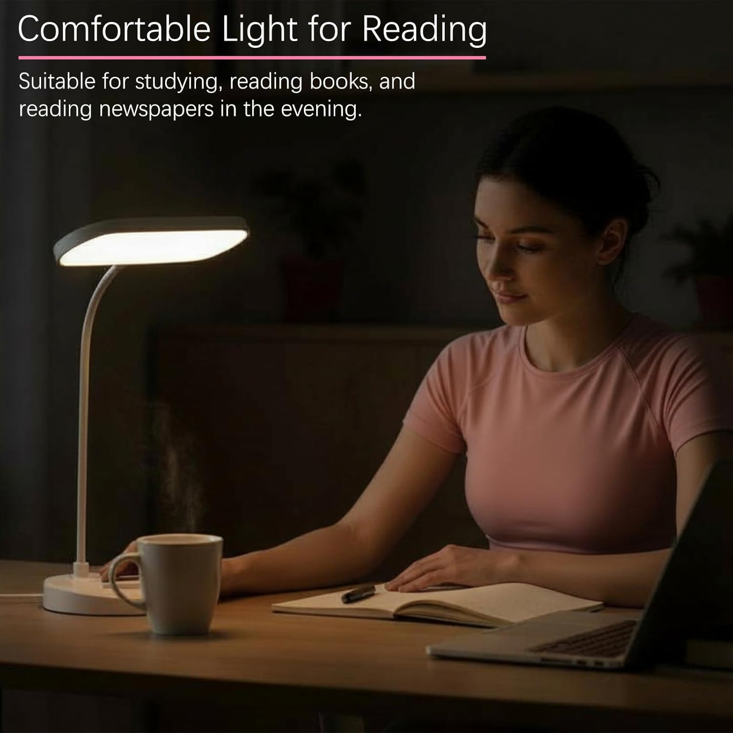 Desk Lamp, Eye-Caring LED for Students, Touch Dimmable, 3 Color Modes, USB-C Rechargeable, Flexible Gooseneck with Phone Holder, Study & Reading Lamp for Dorm/Office/Home