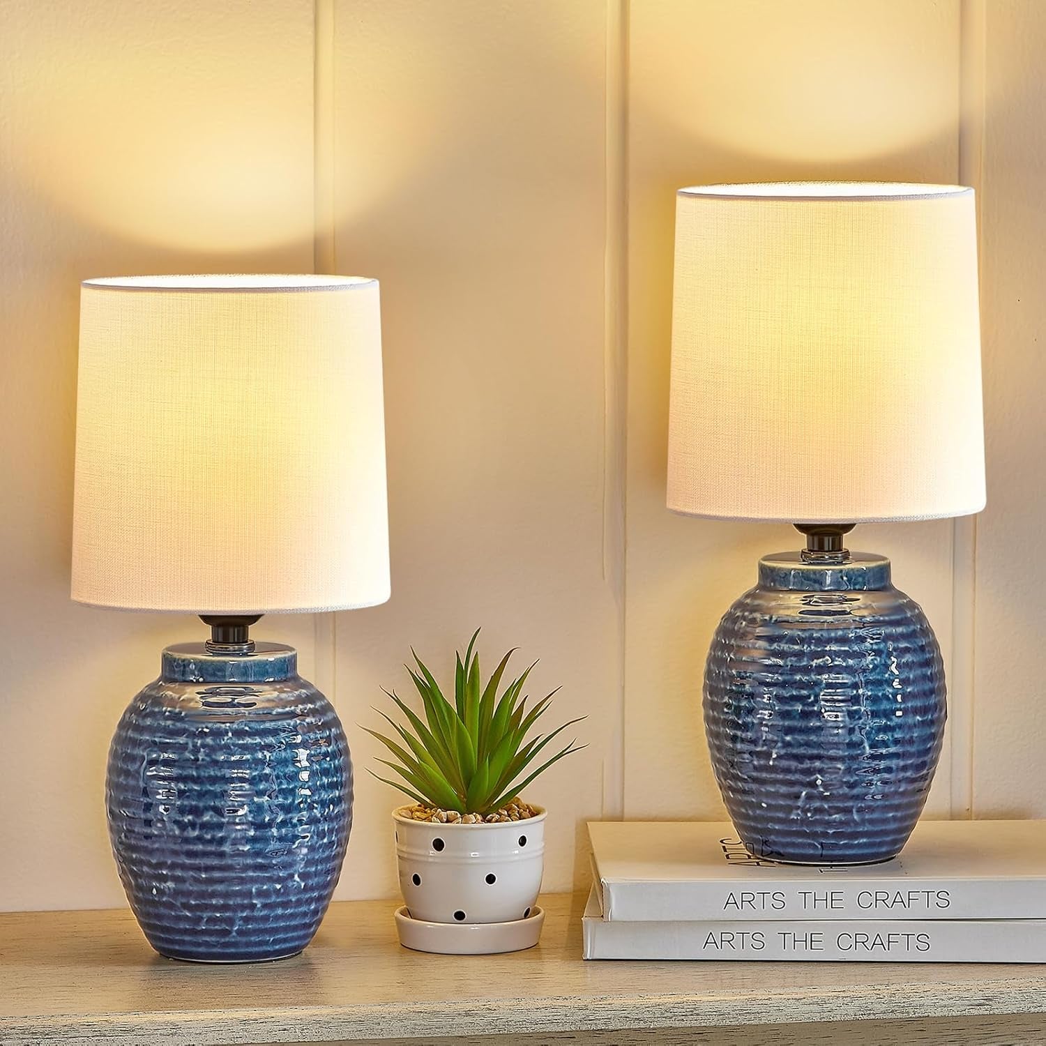 Table Lamps Set of 2-13.75" Small Bedside Lamps - Classic Farmhouse Ceramic Table Lamp for Bedroom, Living Room, Nightstand, Office, Side Desk Lamp, End Table