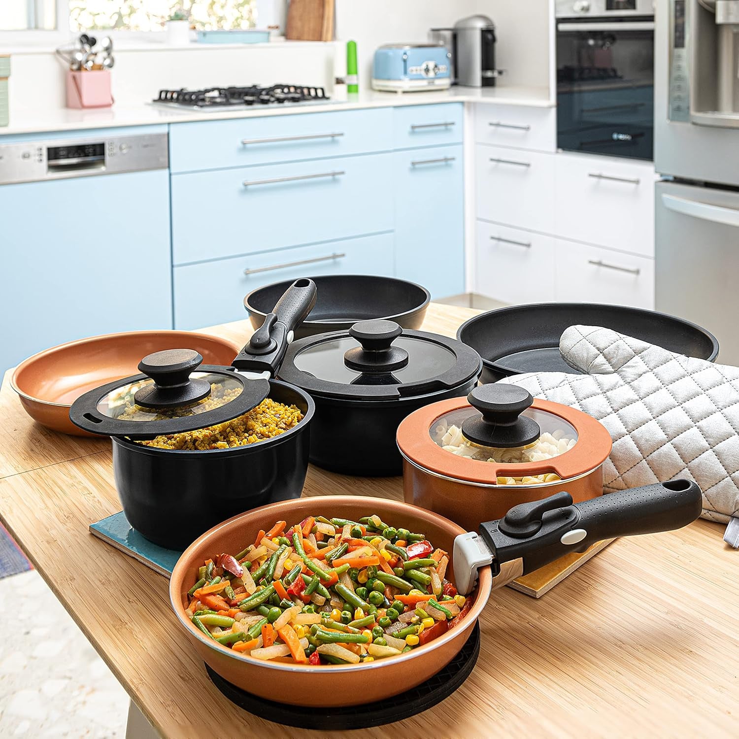 10Pcs Nonstick Cookware Pans with Removable Handles, Space Saving Pots and Pans with Removable Handles, RV Pots and Pans Set for Camping, Oven and Induction Ready