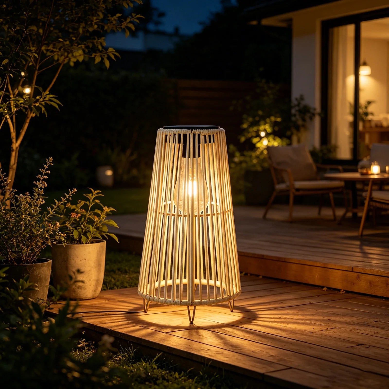 Solar Powered Outdoor Waterproof Rattan Floor Lamp, Wicker Weave Standing Light for Patio Garden, LED Ambient Lighting for Deck, Backyard, Porch